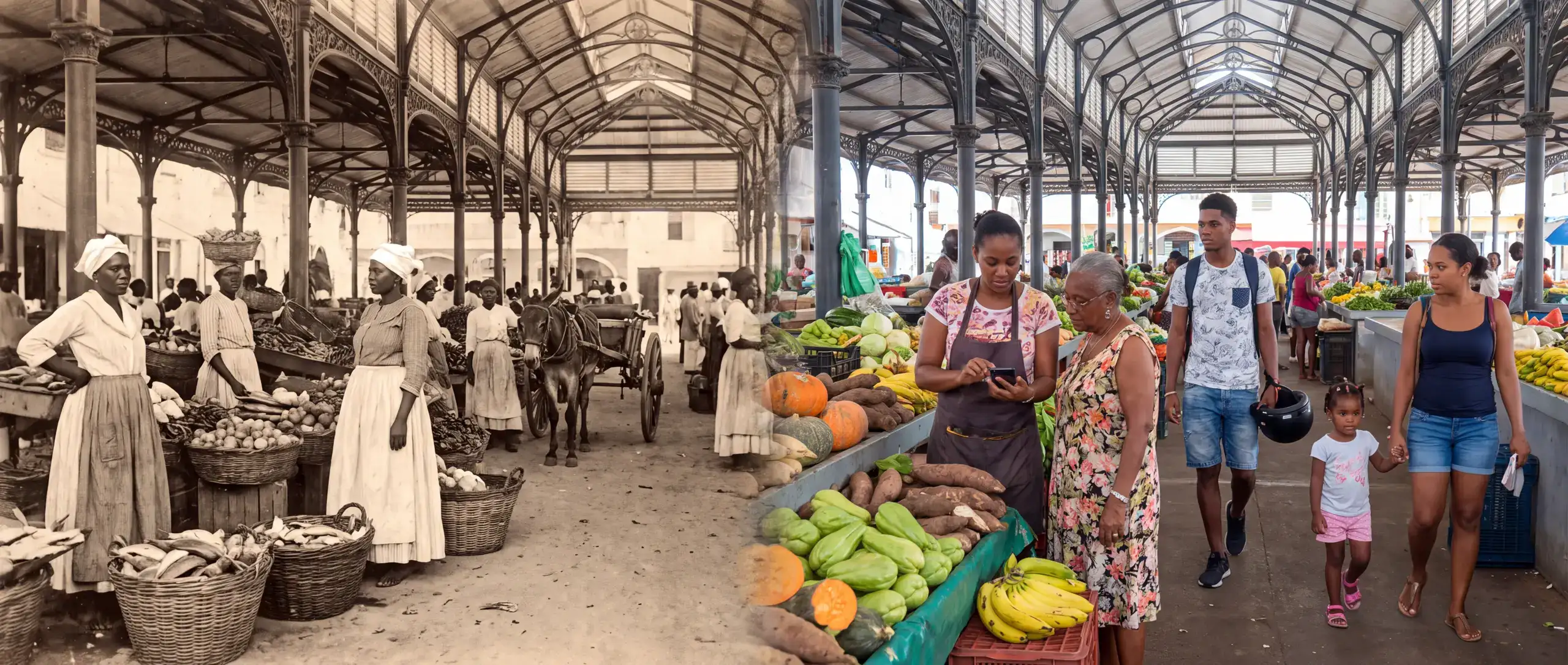 Illustration : une halle de marché antillaise, d’un côté autrefois avec des marchandes en coiffe blanche et une charrette, de l’autre aujourd’hui avec une marchande qui regarde son téléphone avec une cliente.
