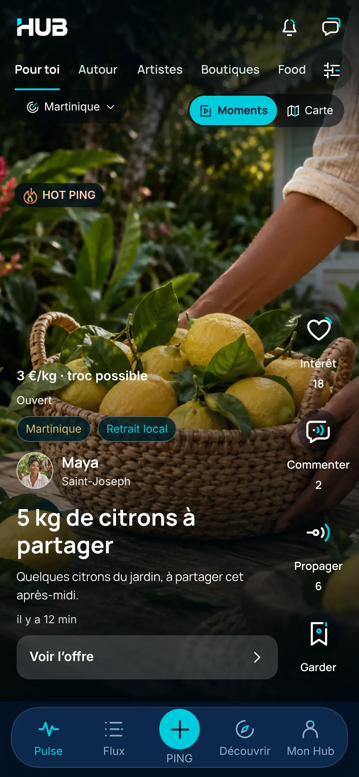 Pulse en Martinique : le moment de Maya à Saint-Joseph, « 5 kg de citrons à partager », un panier de citrons, 3 €/kg ou troc possible, retrait local, et les gestes Intérêt, Commenter, Propager et Garder.