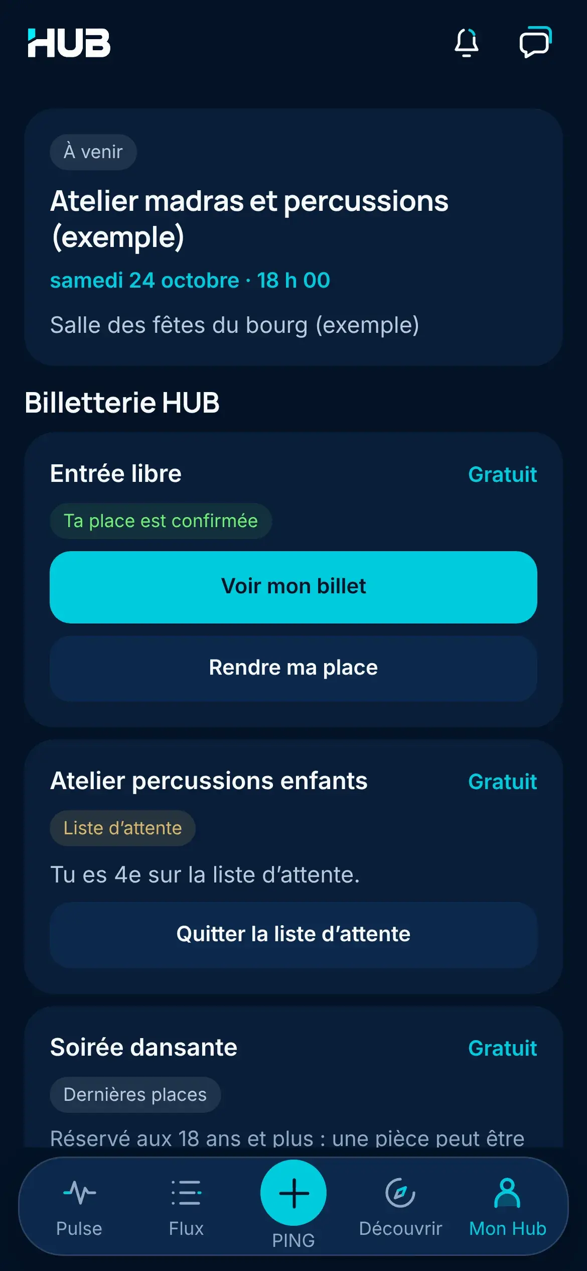 Billetterie d’un événement d’exemple, l’atelier madras et percussions : place confirmée pour l’entrée libre gratuite, et quatrième place sur la liste d’attente d’un atelier complet.