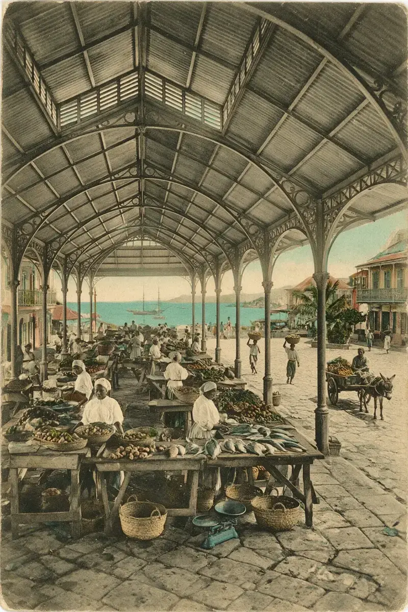 Illustration : carte postale d’antan, la halle d’un marché aux Antilles, des étals de poisson et de légumes, la mer derrière.