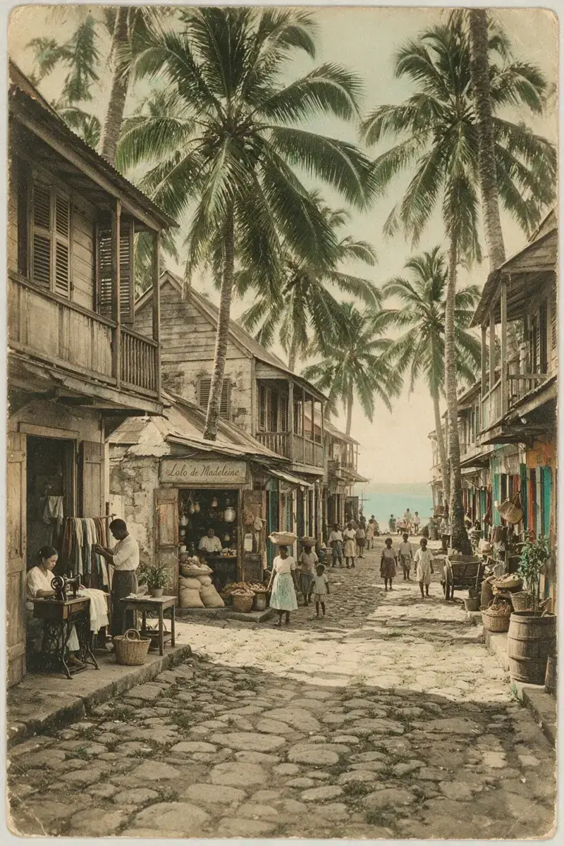 Illustration : carte postale d’antan, une rue de bourg aux Antilles, des boutiques sous les balcons de bois, la mer au bout de la rue.