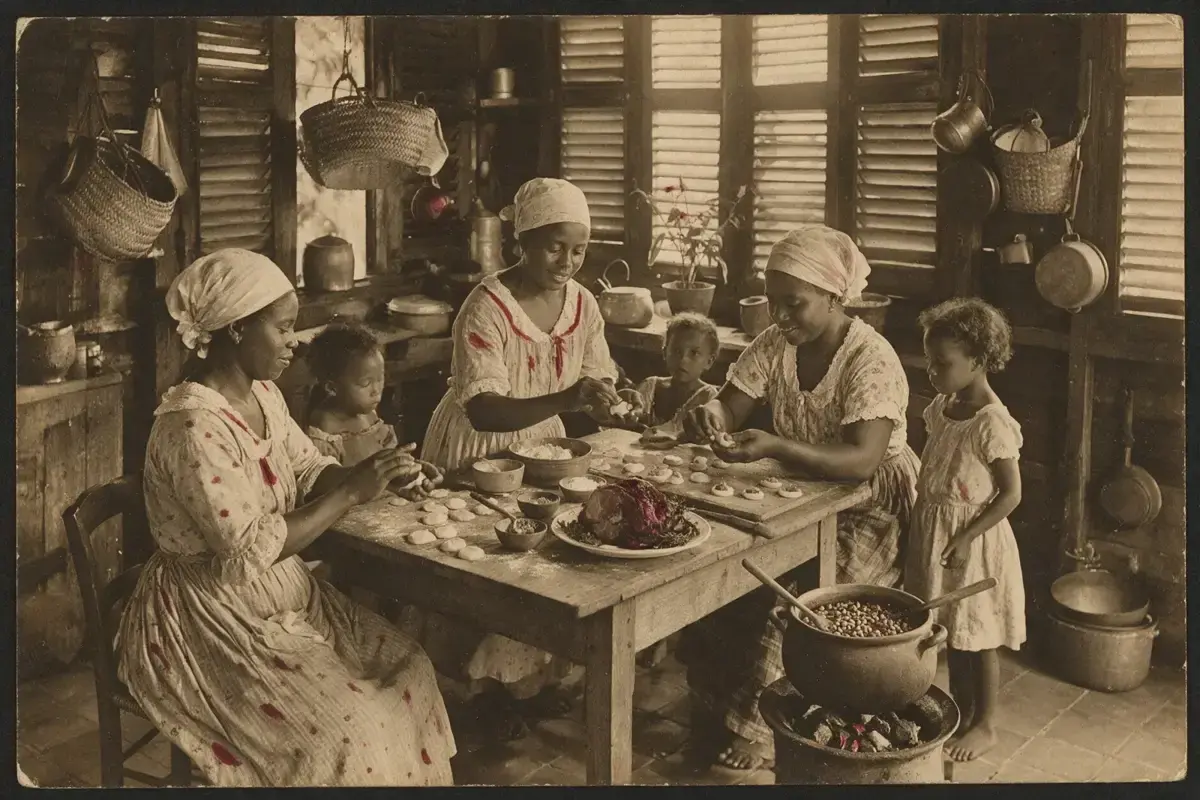 Illustration : carte postale d’antan, des femmes et des enfants préparent les pâtés de Noël dans une cuisine créole.