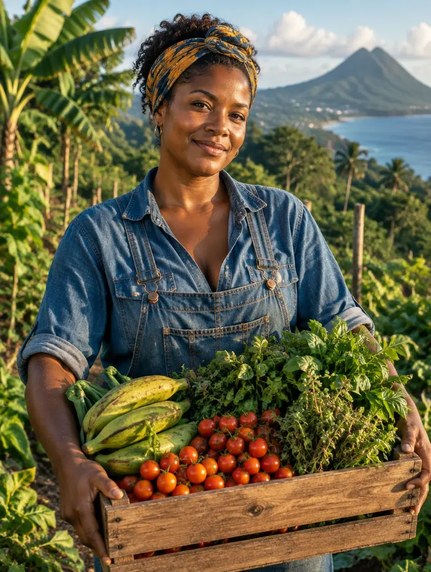 Une productrice sourit, une caisse de légumes, de tomates et de bananes dans les bras, devant ses cultures, la mer et un morne.