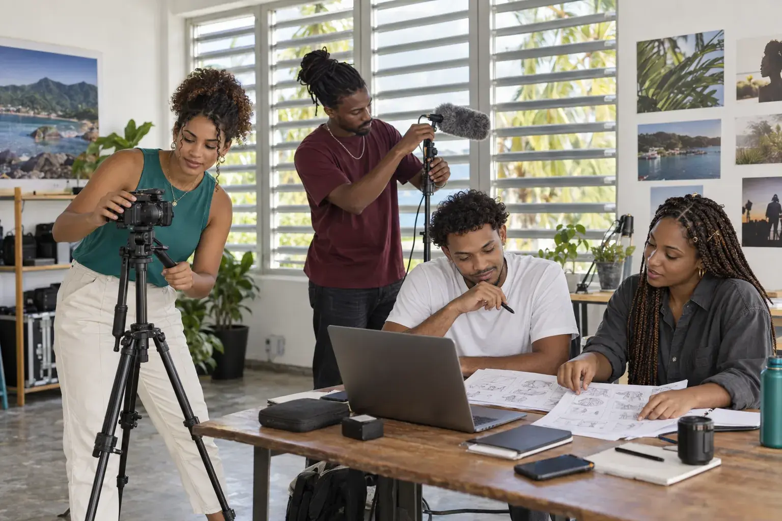Quatre jeunes adultes préparent ensemble un projet audiovisuel.