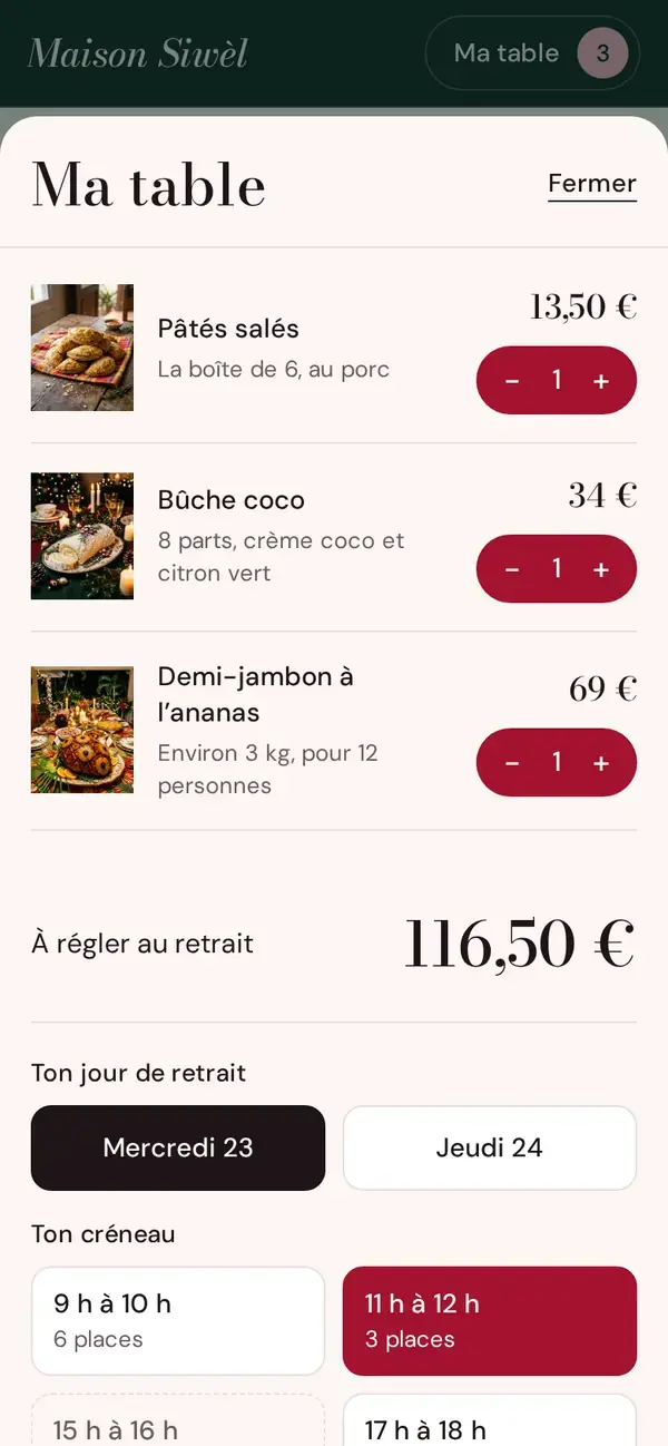 Thème Fèt sur téléphone : le choix du jour et du créneau de retrait.