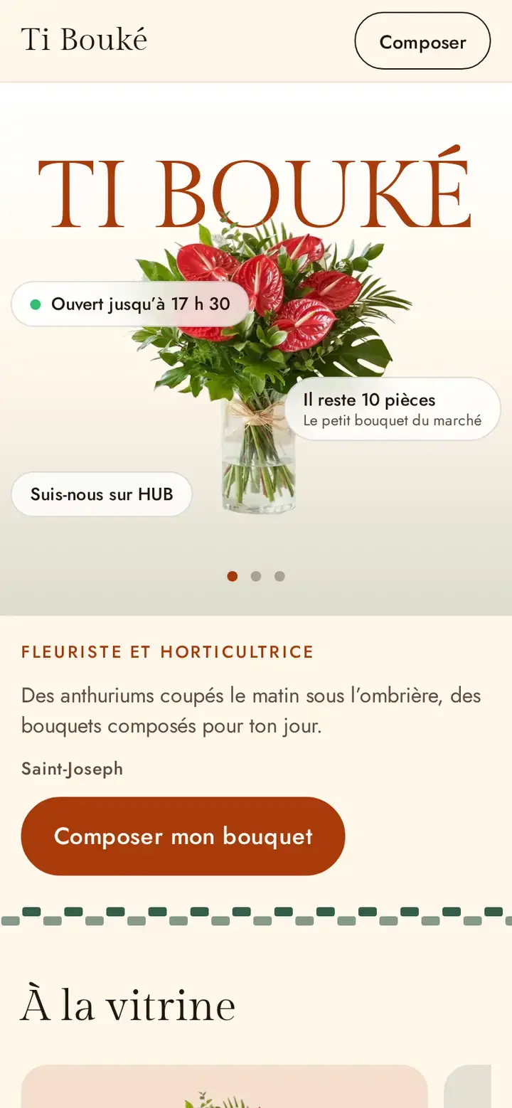 Thème Bouké sur téléphone, déclinaison Balisier, avec un commerce imaginé.
