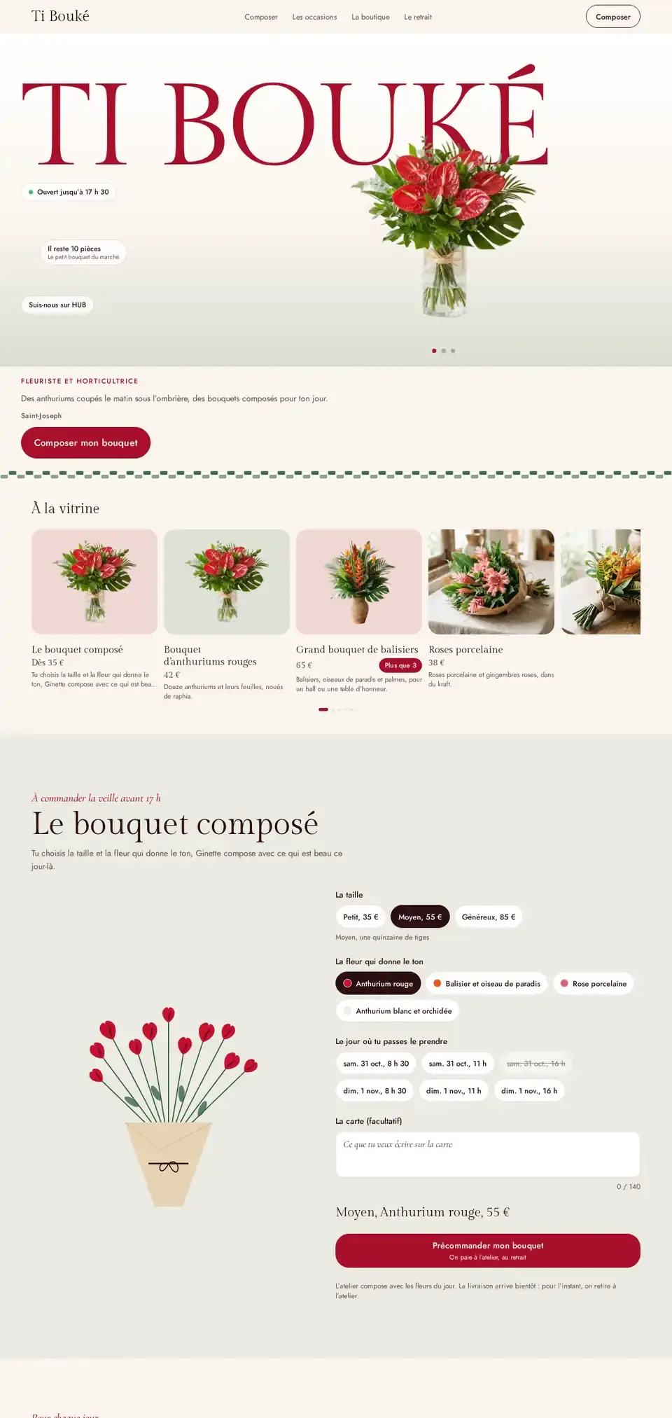 Thème Bouké sur ordinateur, déclinaison Anthurium, avec un commerce imaginé.