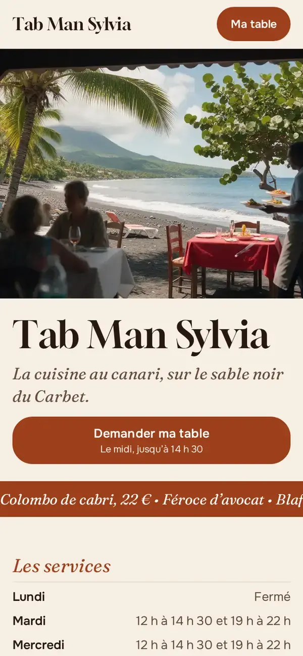 Thème Kannari sur téléphone, avec une autre couverture et un autre ordre de sections, avec un commerce imaginé.