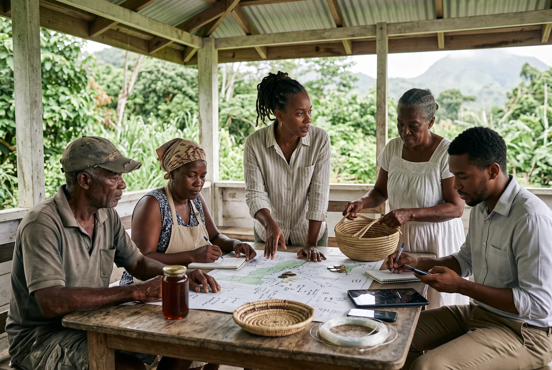 Illustration : des habitants de tous âges préparent un projet commun autour d’une table, sous un carbet.