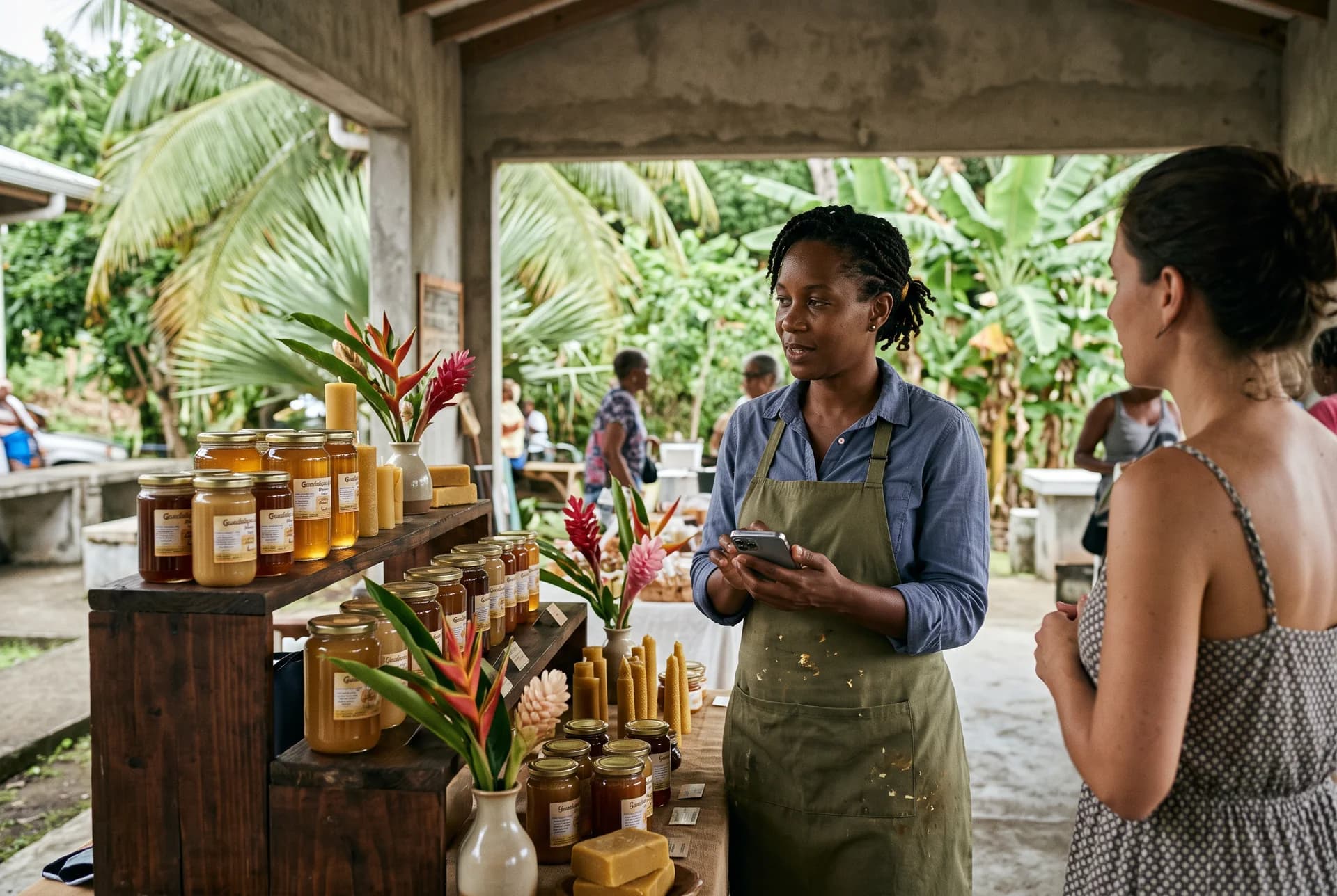 Illustration : une productrice présente son miel et ses créations à une cliente sur un marché tropical.