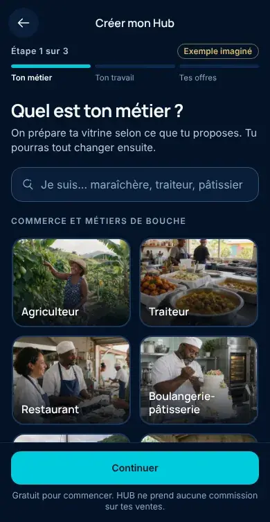 Écran de l’appli HUB, Créer mon Hub, étape 1 : « Quel est ton métier ? » avec des métiers en vignettes.