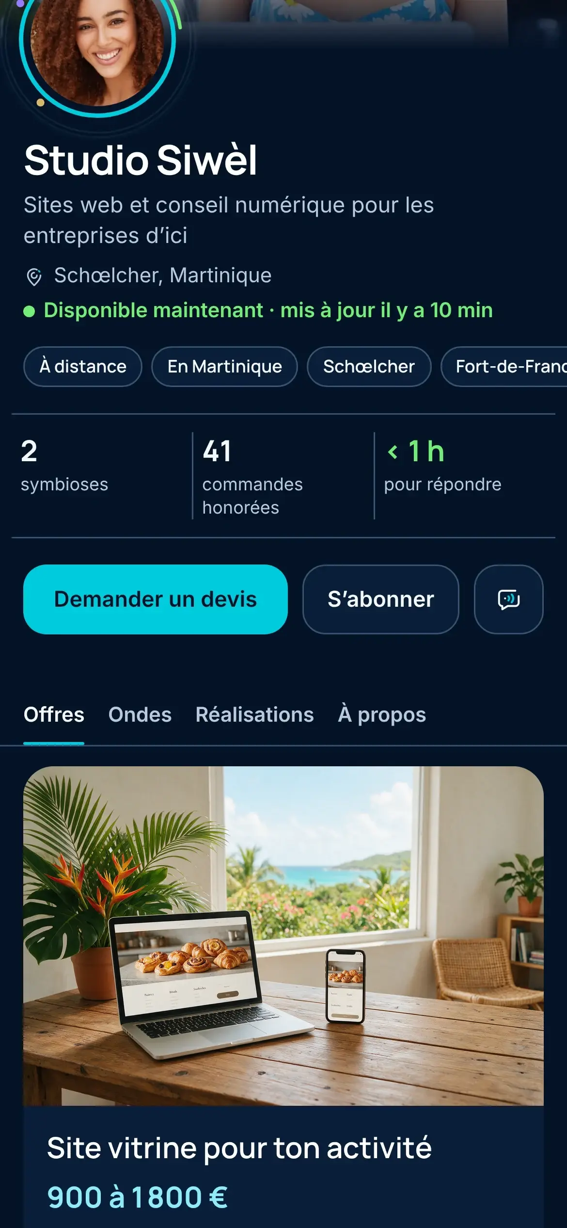 Studio Siwèl storefront, an example Hub: websites and digital consulting in Schœlcher, available now, the “Request a quote” button and the offer Website for your business, €900 to €1,800.