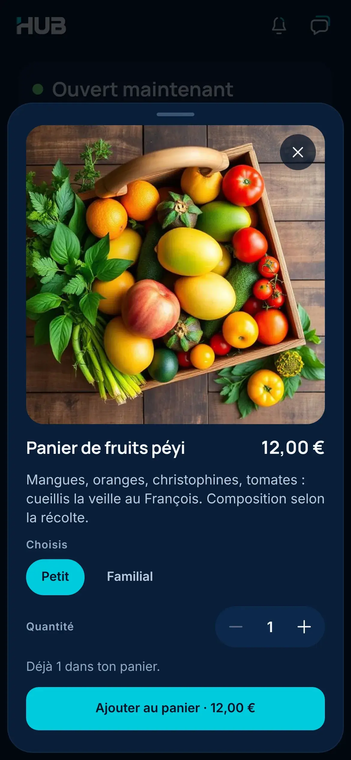 An item in an example Hub’s shop: Local fruit basket, €12, Add to basket.