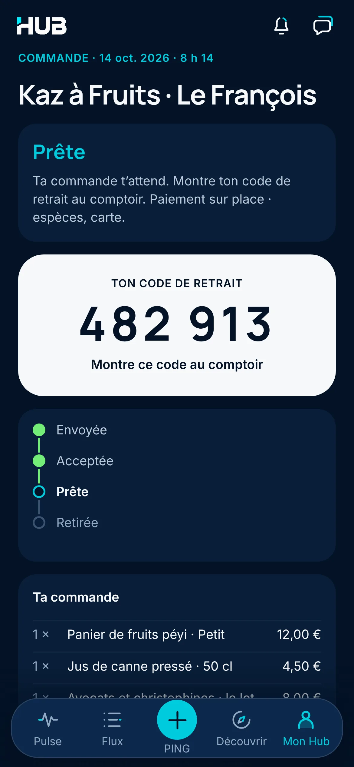 Commande prête chez Kaz à Fruits : le code de retrait 482 913 à montrer au comptoir, les étapes Envoyée, Acceptée, Prête et Retirée, et le récapitulatif de la commande.