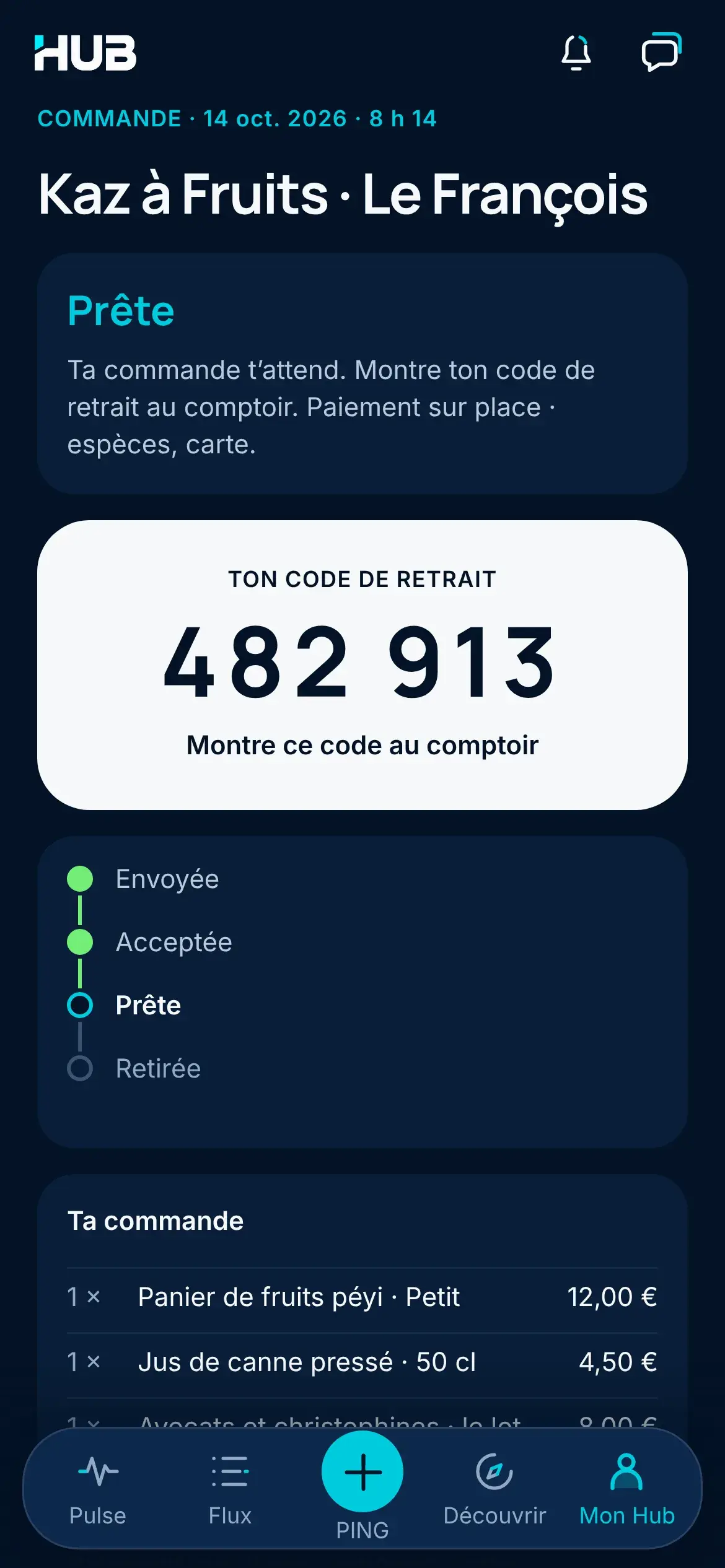 Une commande prête chez Kaz à Fruits au François : le code de retrait à montrer au comptoir, les étapes Envoyée, Acceptée, Prête, et le détail du panier.