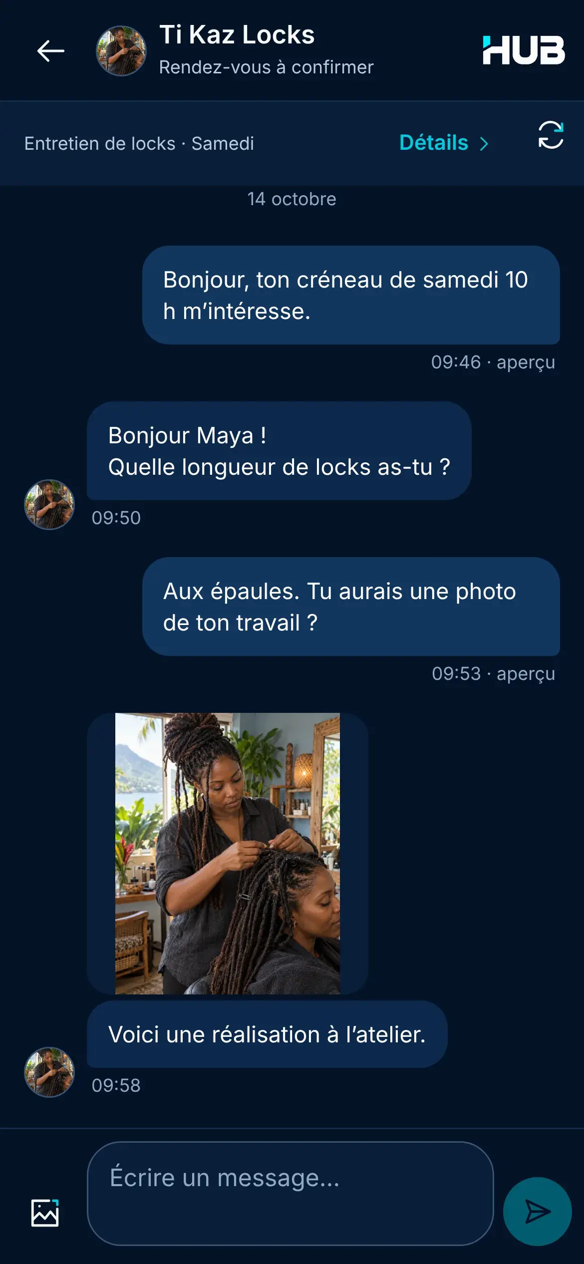 Une conversation entre Maya et Anaïs à propos de l’entretien de locks samedi : un créneau de 10 h, la longueur des locks, et la photo d’une réalisation à l’atelier.