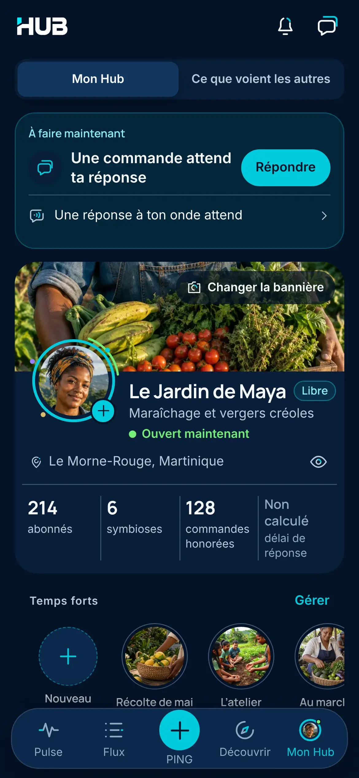 Mon Hub du Jardin de Maya, un Hub d’exemple dans l’appli HUB : une commande attend sa réponse.