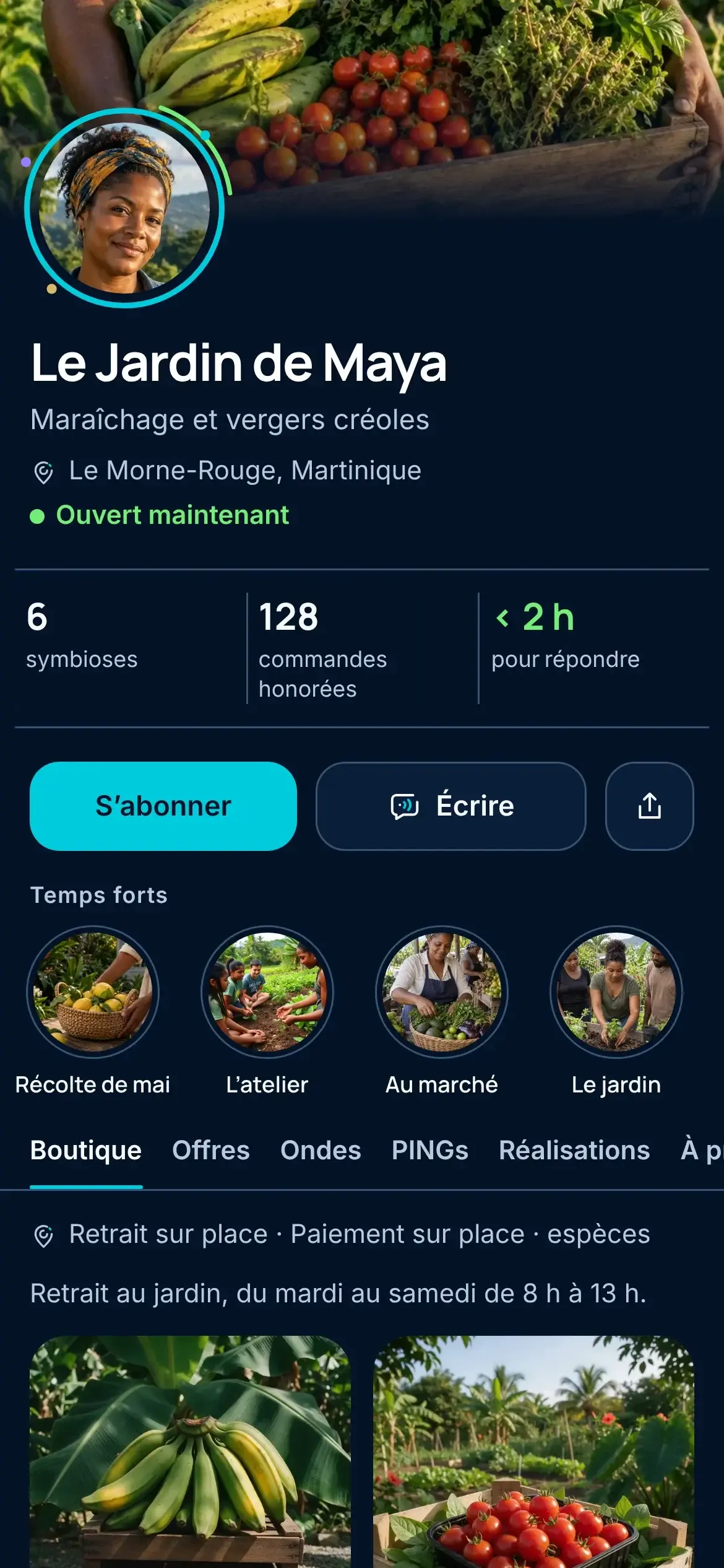 Son Hub dans l’application HUB : Le Jardin de Maya, maraîchage et vergers créoles au Morne-Rouge, ouvert maintenant, avec sa boutique : bananes plantain, tomates cerises, retrait et paiement sur place.