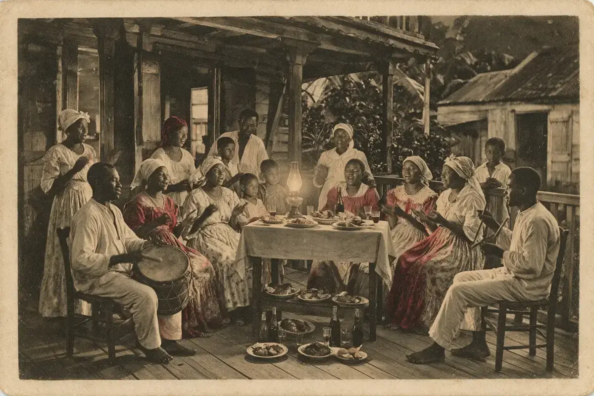 Illustration: old-time postcard, a chanté Nwel on a veranda, neighbours singing around a table, a drum, a lamp.