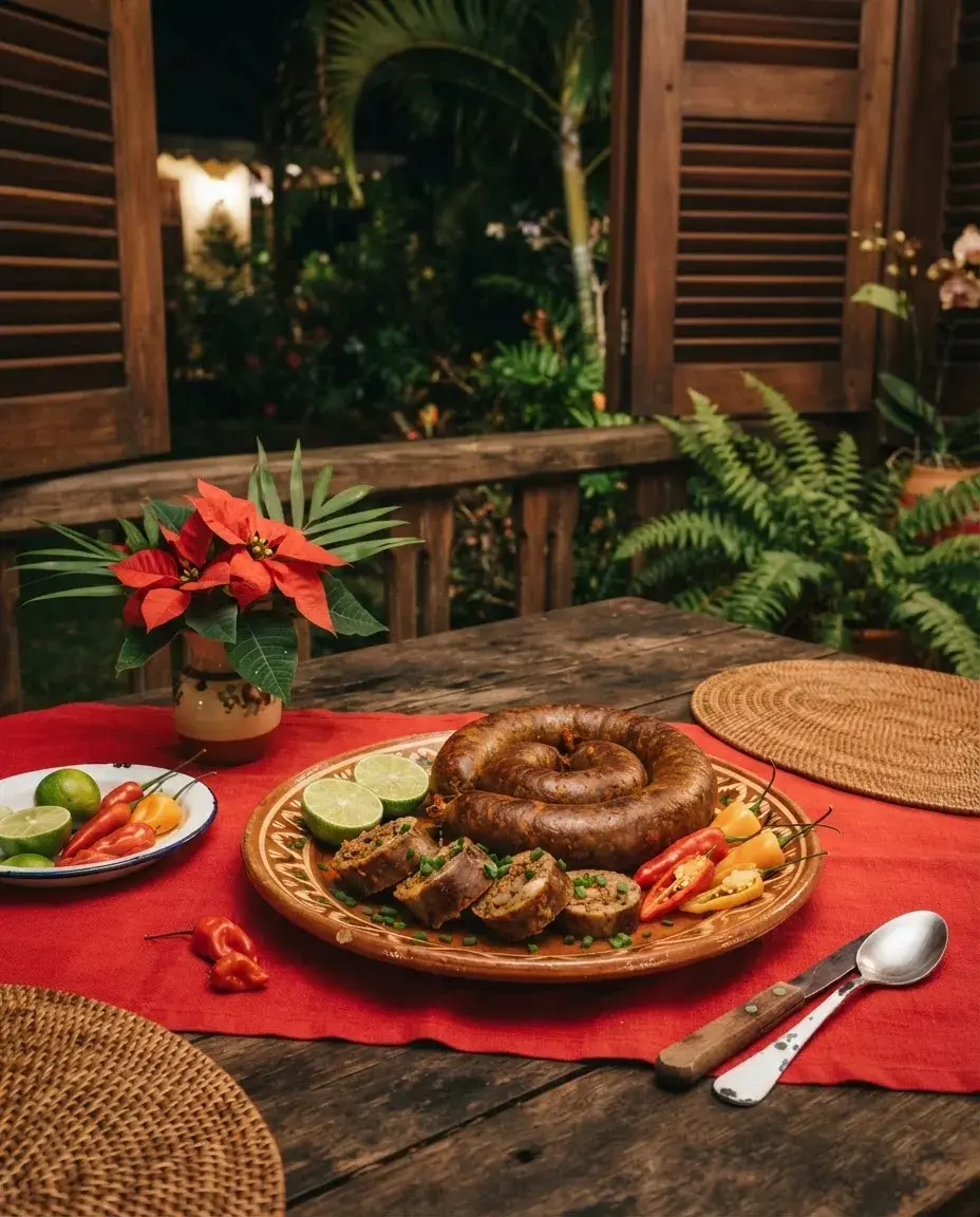 Illustration : un boudin créole roulé sur un plat, nappe rouge et poinsettia.