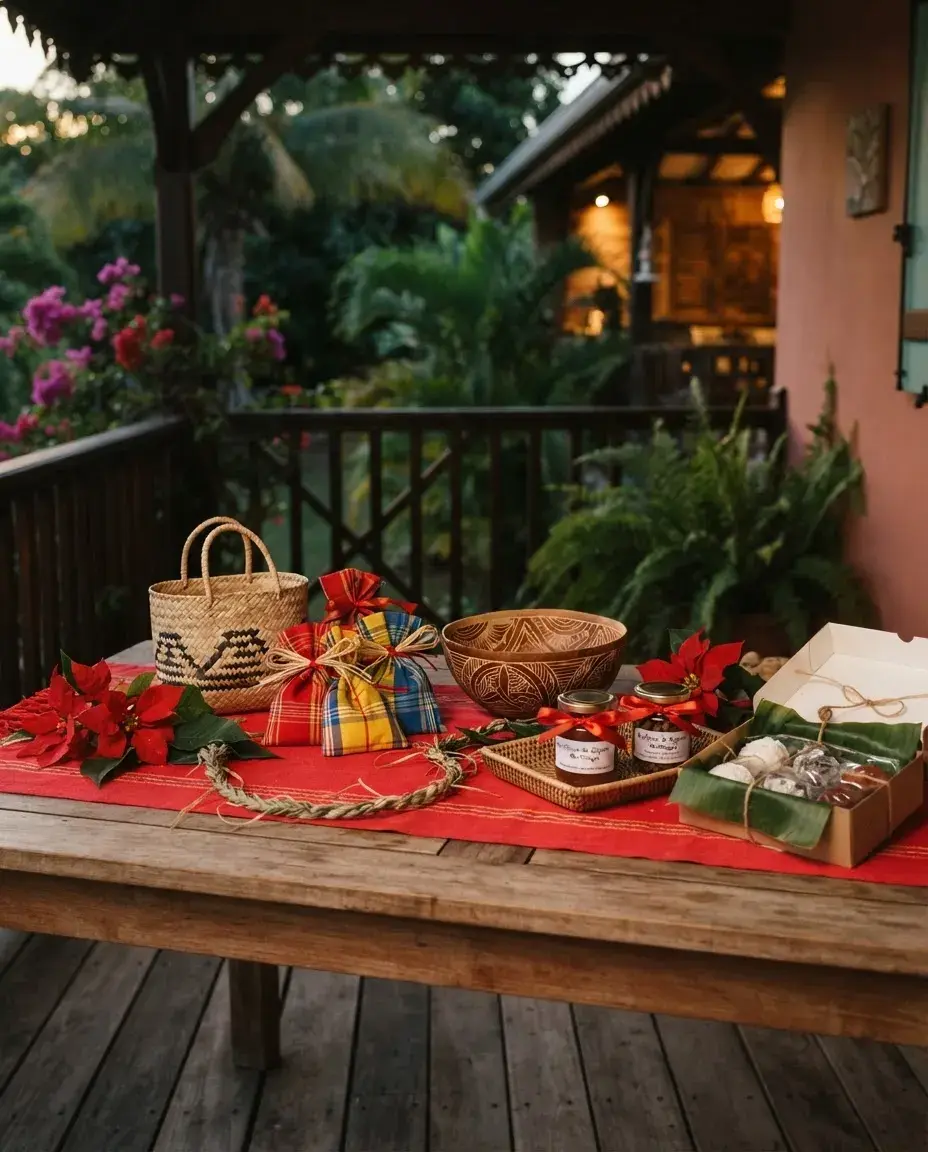 Illustration : des coffrets cadeaux, un panier tressé et des pots faits main sur une table de Noël.