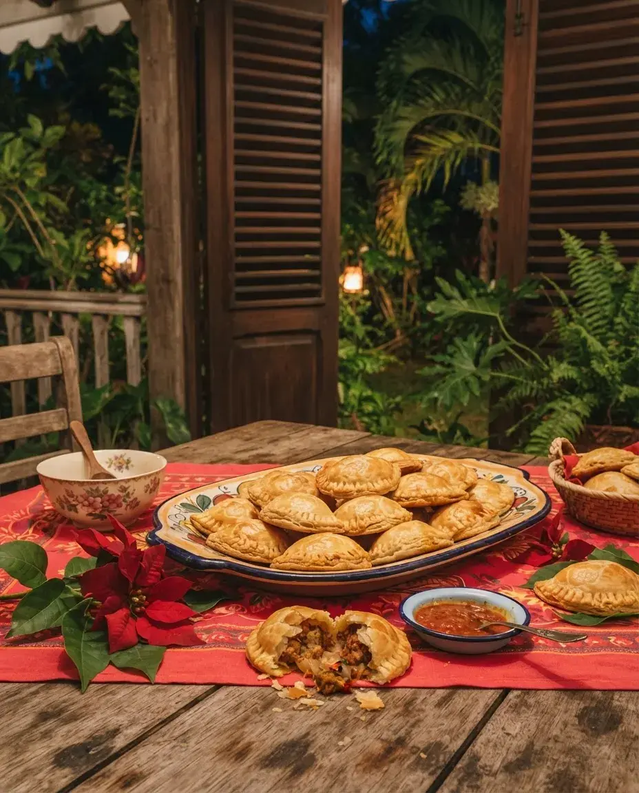 Illustration : un plat de pâtés salés dorés sur une table de Noël.