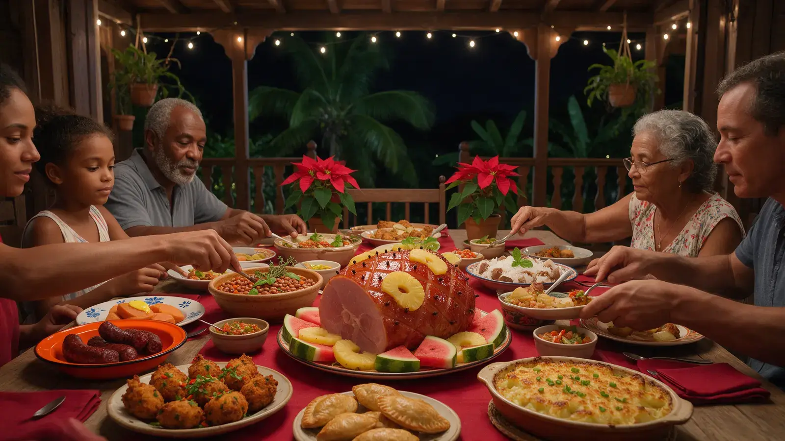Illustration : une famille autour de la table de Noël sur une varangue créole, jambon à l’ananas et aux clous de girofle, boudin, accras, pâtés salés, pois d’Angole, nappe rouge et poinsettias.