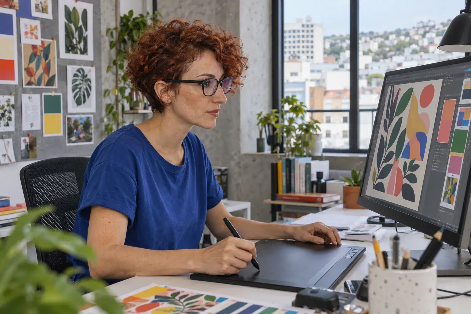 Une graphiste crée une affiche sur tablette graphique dans son studio.