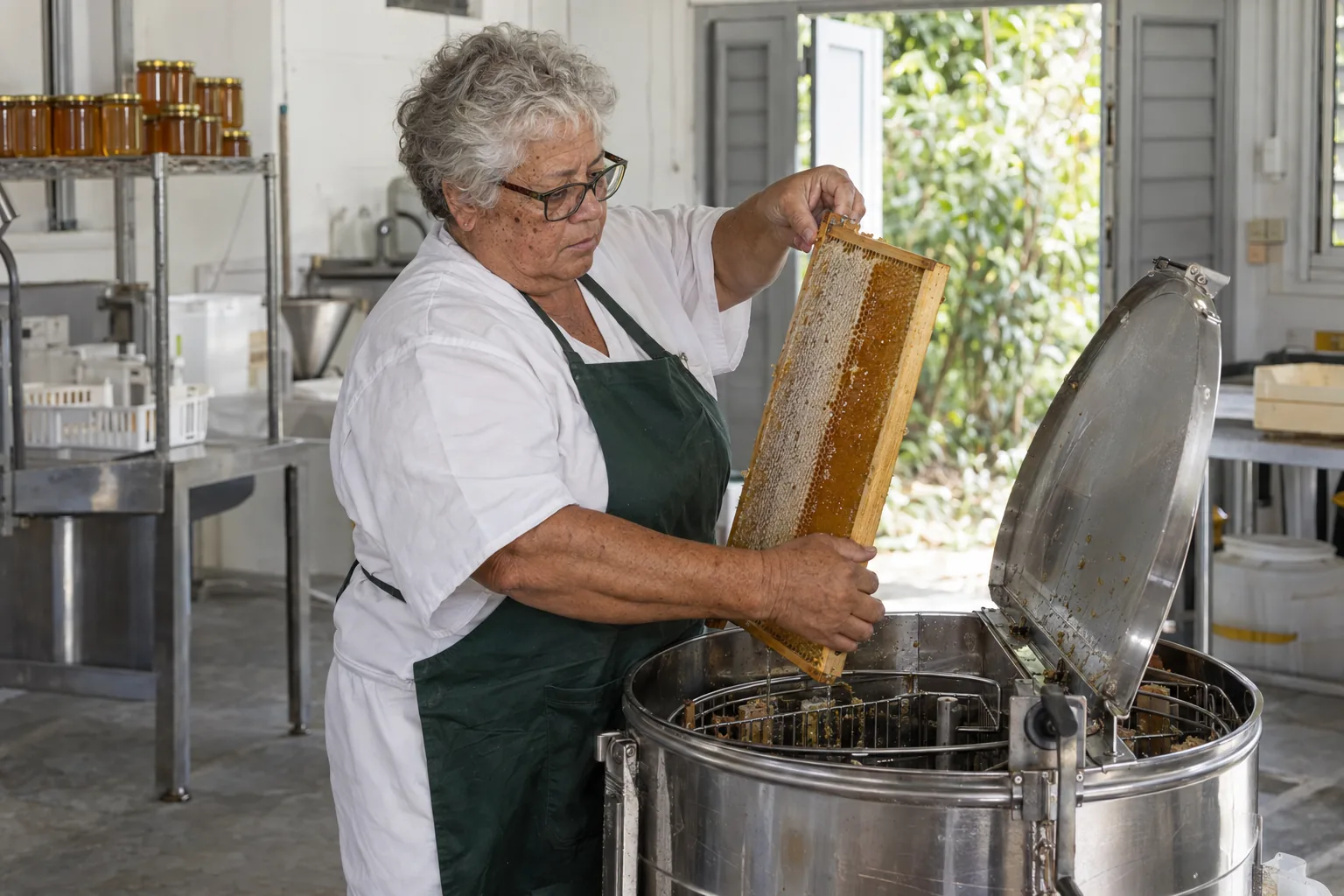 Illustration: a beekeeper lifts a honey frame in her honey house.