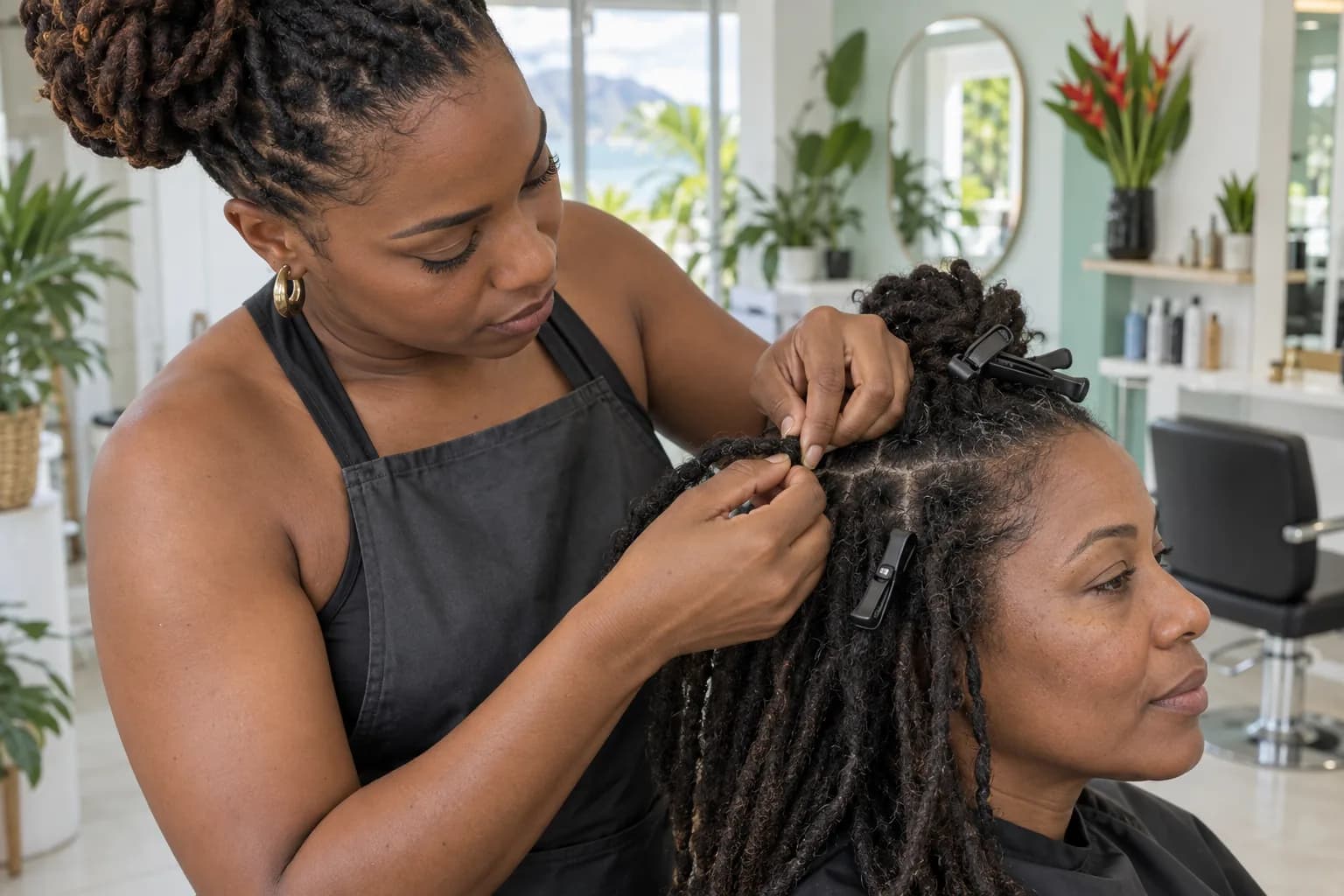 Illustration : une coiffeuse entretient les locks d’une cliente.