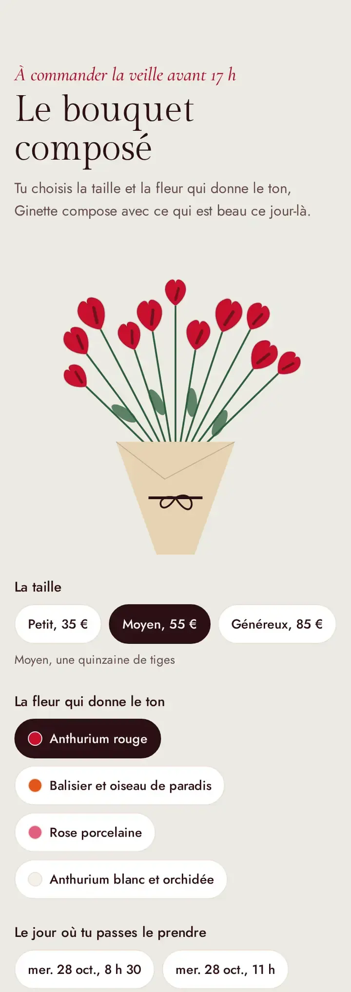 Le bouquet composé, dans le thème Bouké, avec un commerce imaginé.