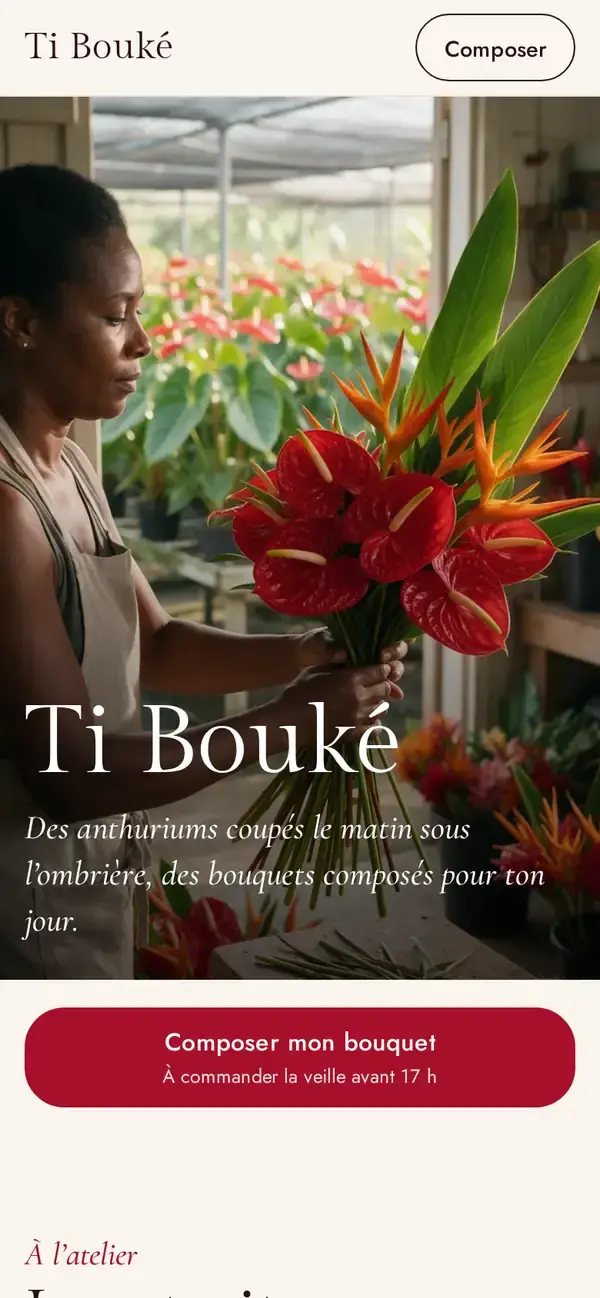 Thème Bouké sur téléphone, avec une autre couverture et un autre ordre de sections, avec un commerce imaginé.