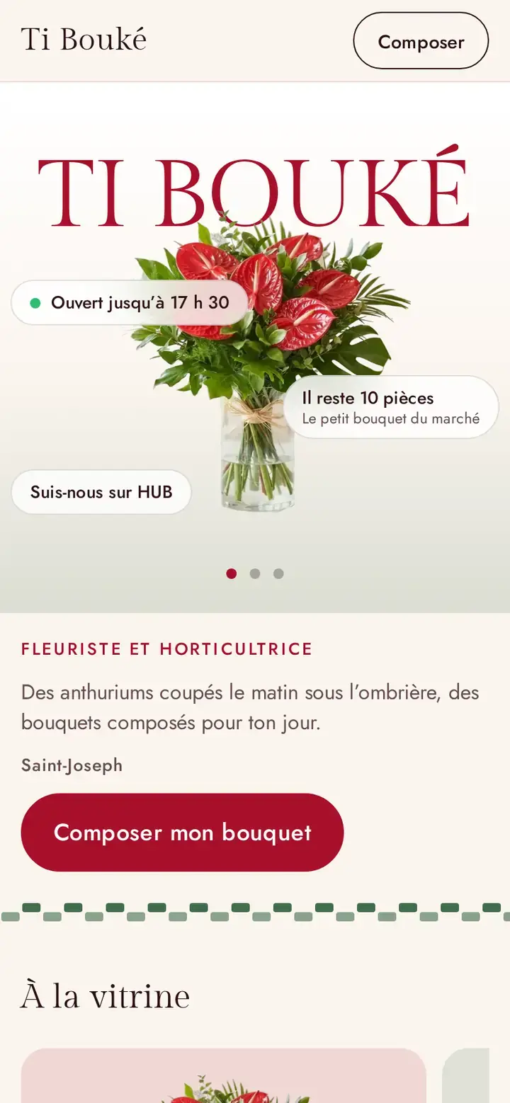 Thème Bouké sur téléphone, déclinaison Anthurium, avec un commerce imaginé.