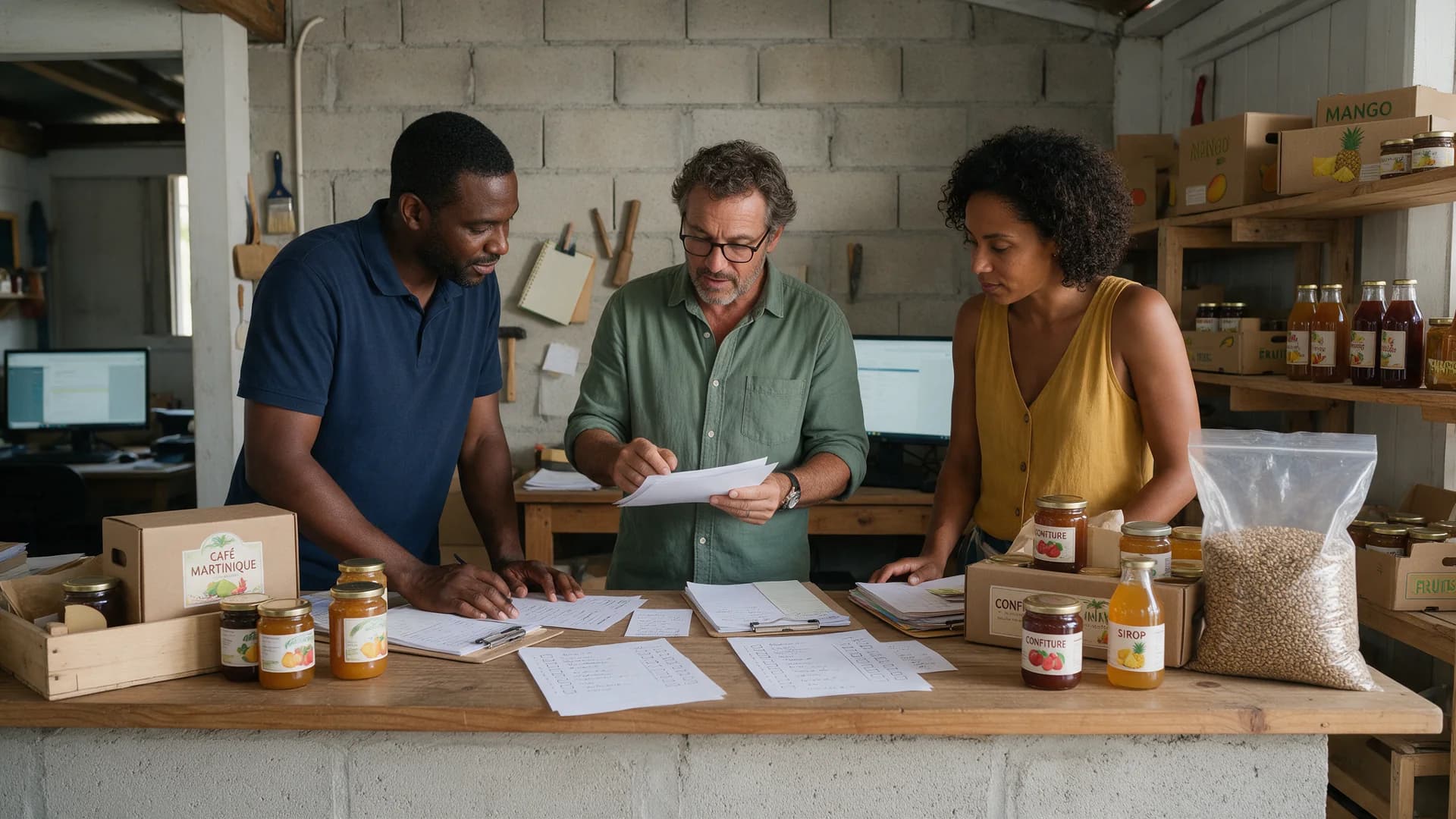 Responsable et collaborateurs coordonnent commandes, disponibilités et livraisons dans une petite entreprise caribéenne.