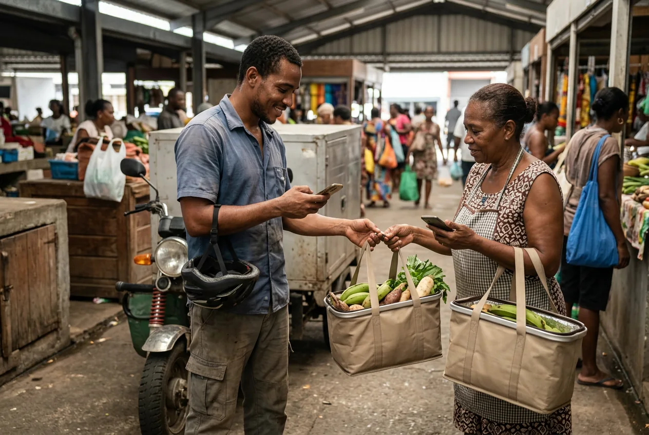 Une productrice remet une commande de produits frais à un livreur sur un marché en Guadeloupe.