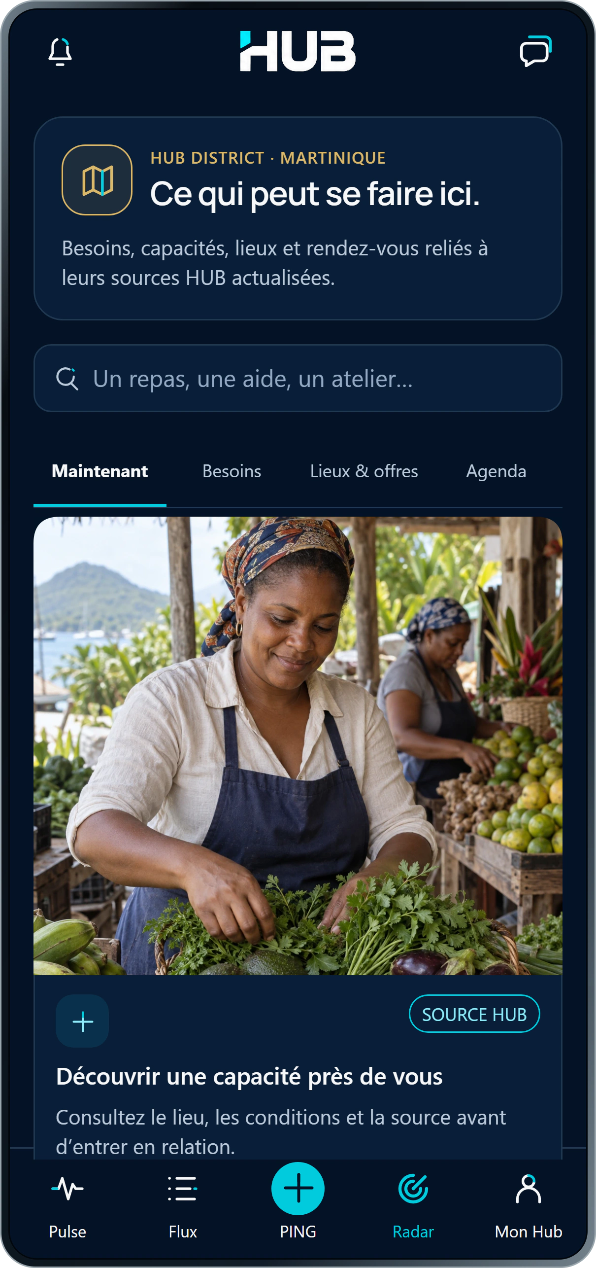 HUB District : besoins, capacités, lieux et rendez-vous reliés à leur source dans un écran au format téléphone.