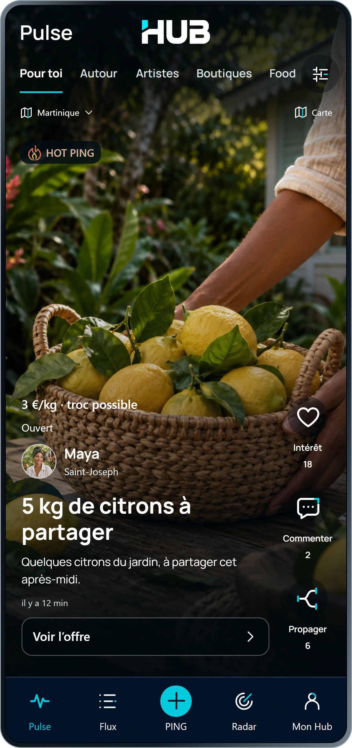Pulse dans HUB : une proposition de récolte apparaît dans un fil visuel, avec les interactions et la navigation visibles.