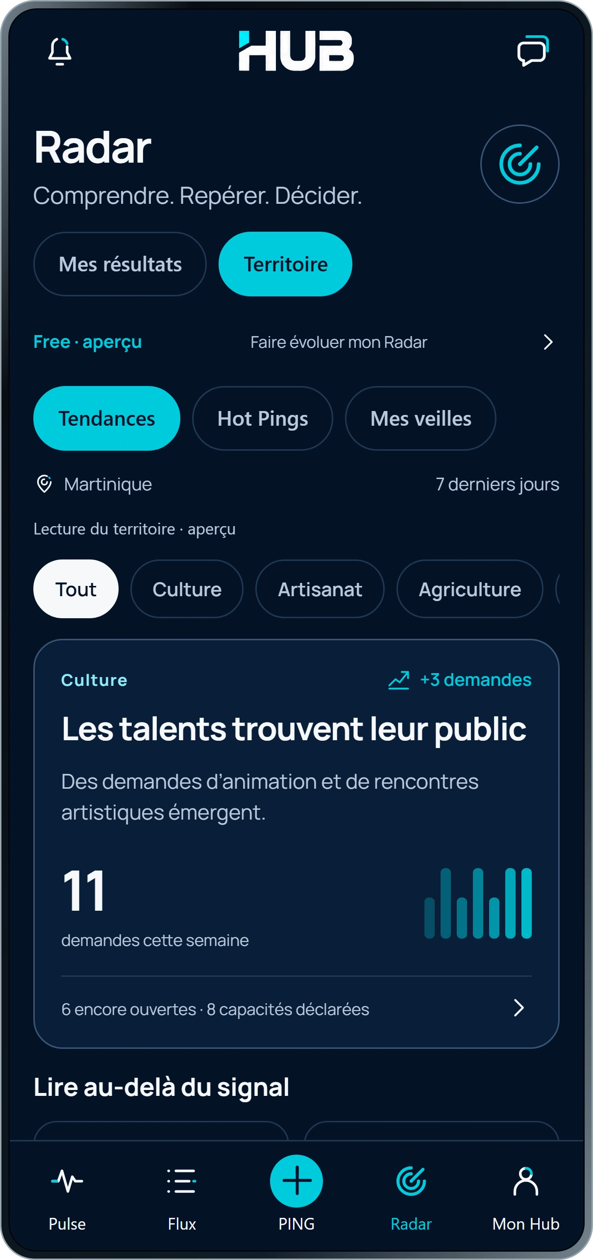 Radar dans HUB : une lecture territoriale des zones actives et des possibilités proches.