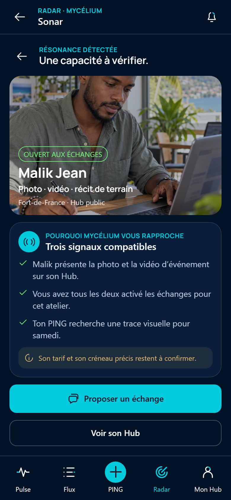 Écran HUB montrant une Résonance expliquée par Mycélium après l’émission d’un PING.