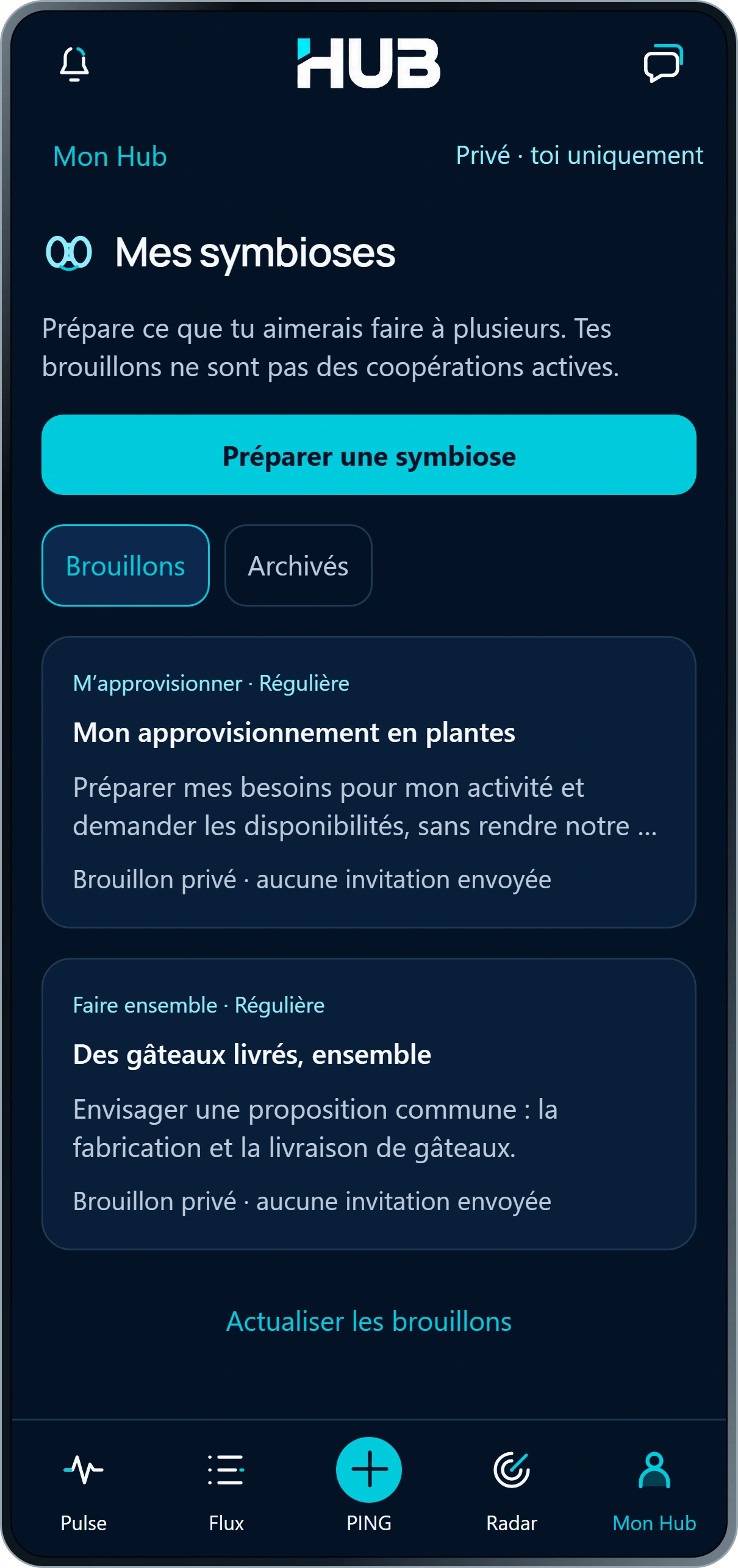 Mes Symbioses dans Mon Hub : des liens réciproques et des projets préparés en privé.