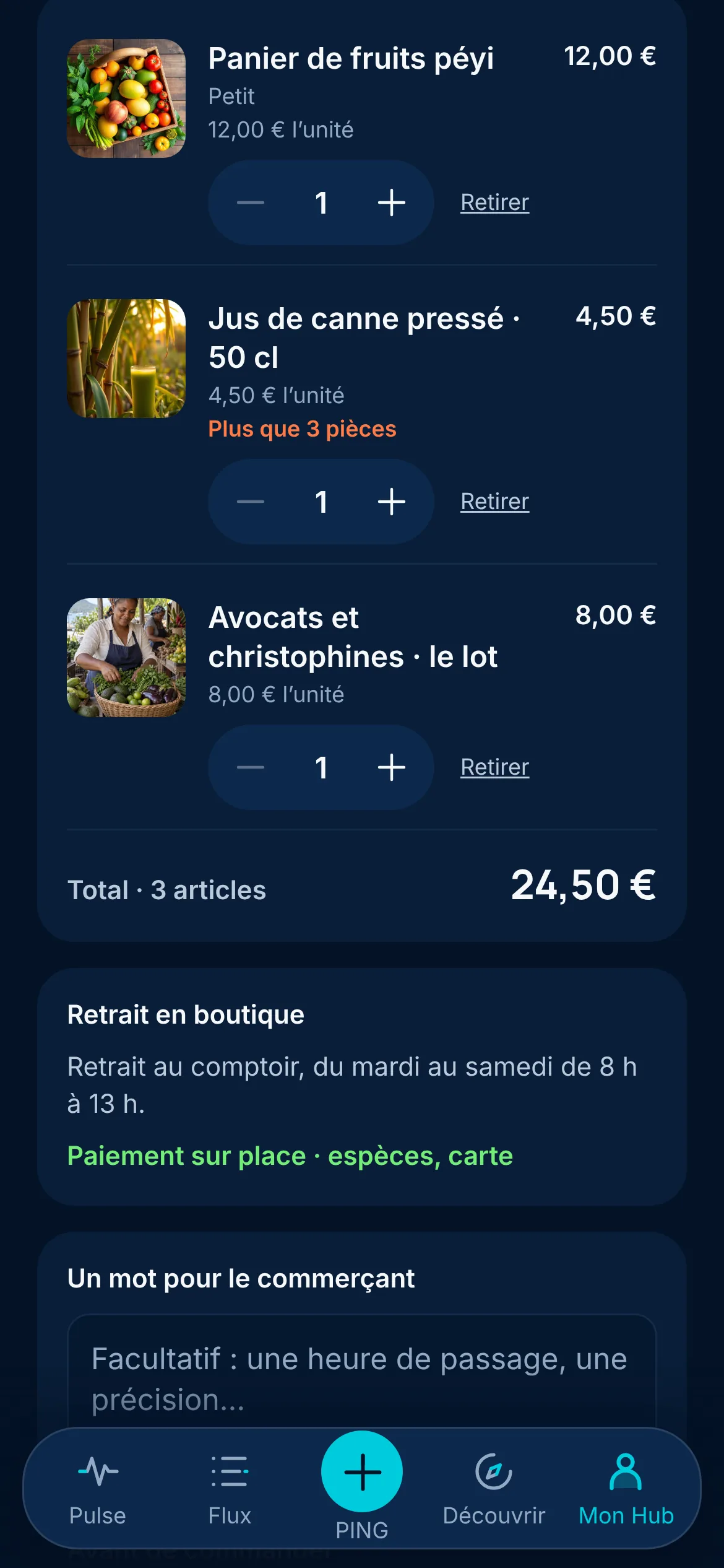 Basket at Kaz à Fruits, in Le François: three items for €24.50, counter pickup Tuesday to Saturday from 8 am to 1 pm, pay on site in cash or by card.