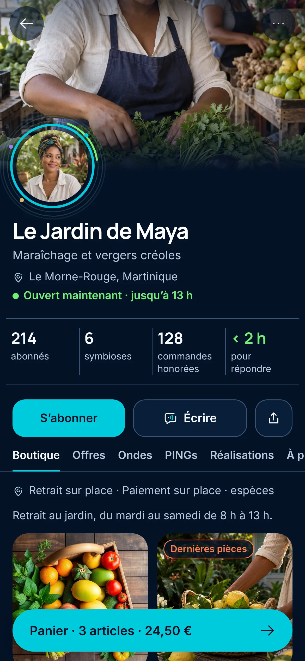 My Hub as a visitor sees it: Le Jardin de Maya’s storefront, Creole market gardening and orchards in Morne-Rouge, open until 1 pm, the Follow and Write buttons, and the Shop tab with pickup and pay on site.
