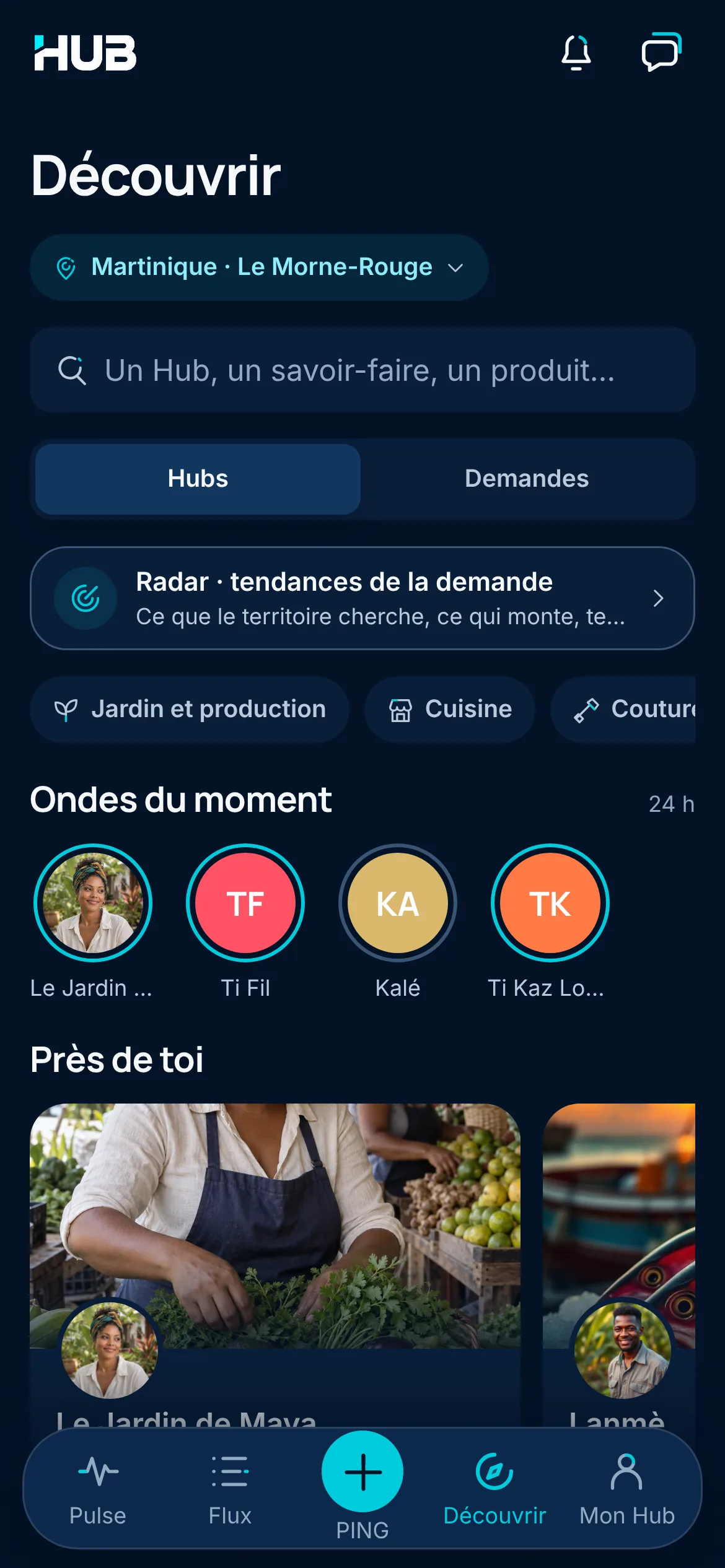 HUB’s Discover tab in Martinique, in Morne-Rouge: search, the choice between Hubs and Requests, access to the Radar of demand trends, current Waves and Hubs near you.