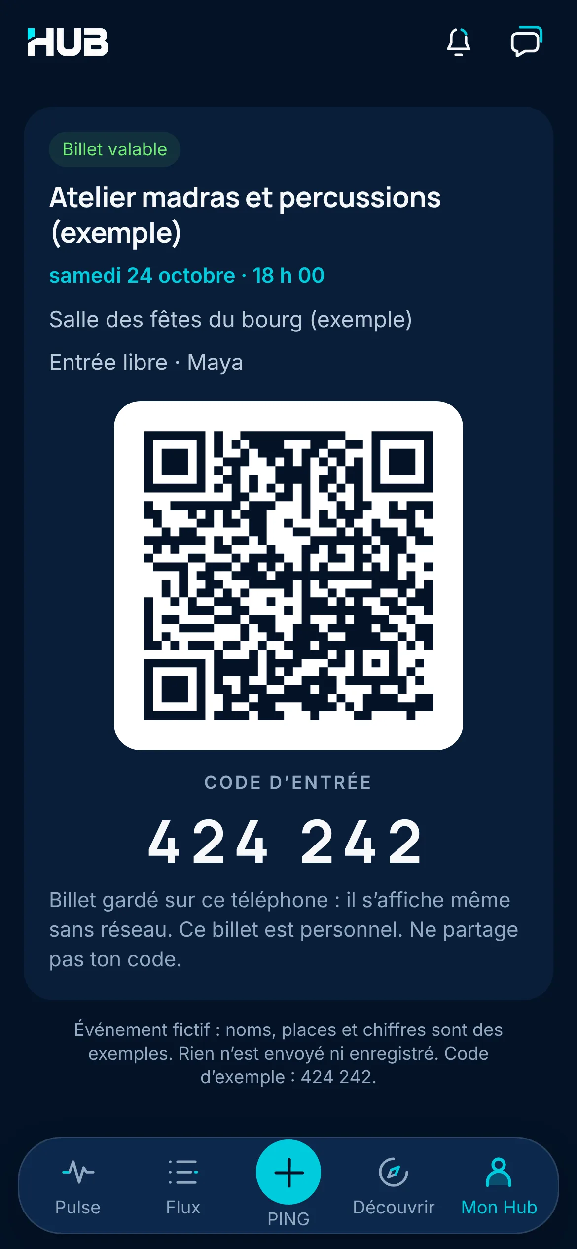 Ticket for the madras and percussion workshop: valid ticket, QR code and entry code 424 242, kept on the phone and readable without a network.