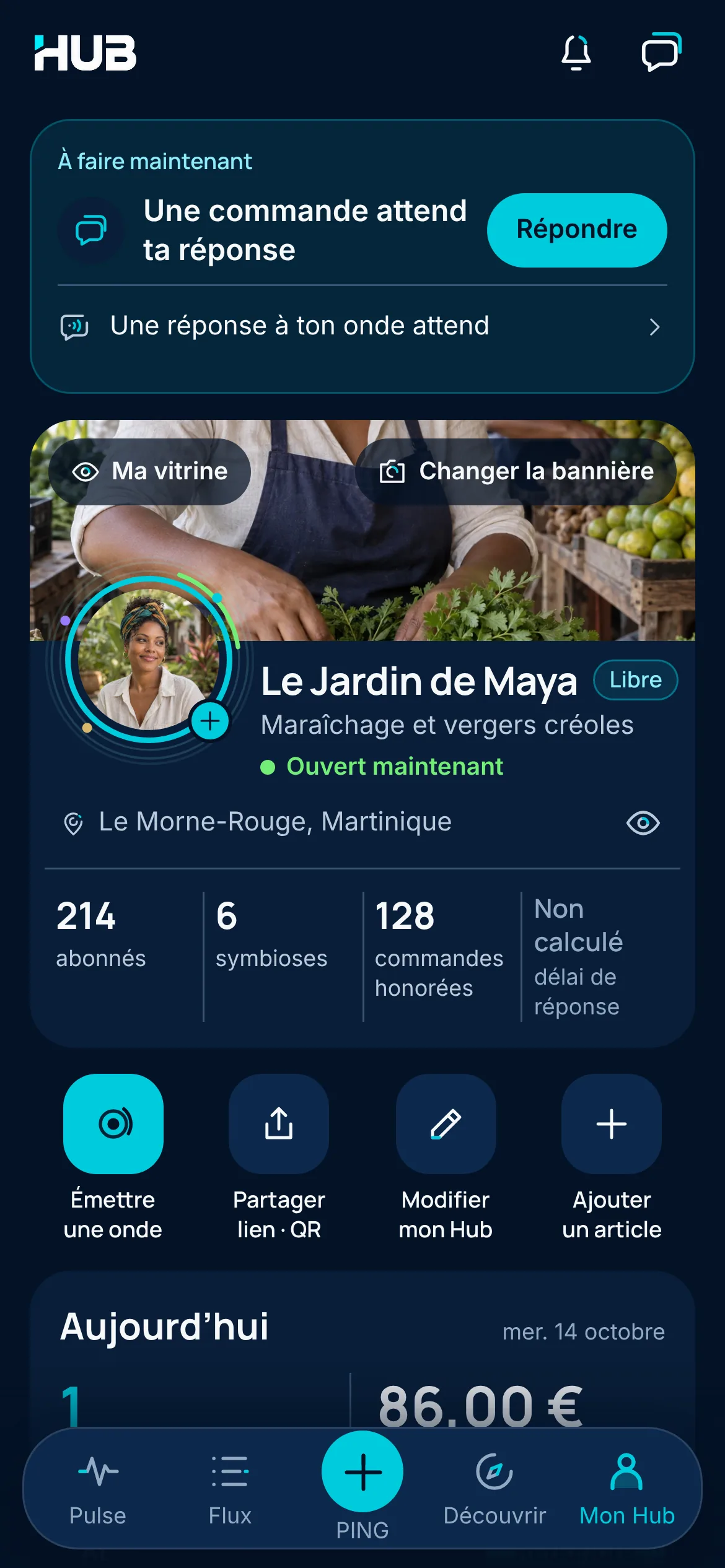Le Jardin de Maya’s My Hub, as its owner sees it: an order awaiting a reply, a reply to her Wave, her storefront in Morne-Rouge and the buttons to send a wave, share, edit and add an item.