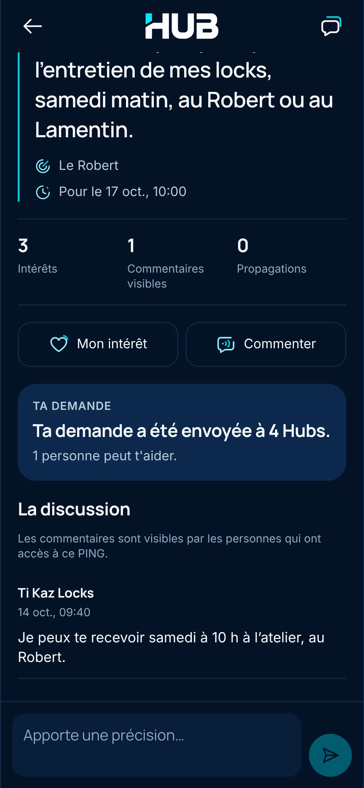 Suite de la fiche de la demande : la carte du Sonar, puis la discussion où Ti Kaz Locks écrit « Je peux te recevoir samedi à 10 h à l’atelier, au Robert. »