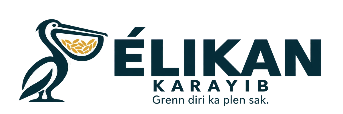 Pélikan Karayib logo: a navy pelican whose pouch holds golden rice grains and forms the P of PÉLIKAN, the word KARAYIB, and the slogan “Grenn diri ka plen sak.”